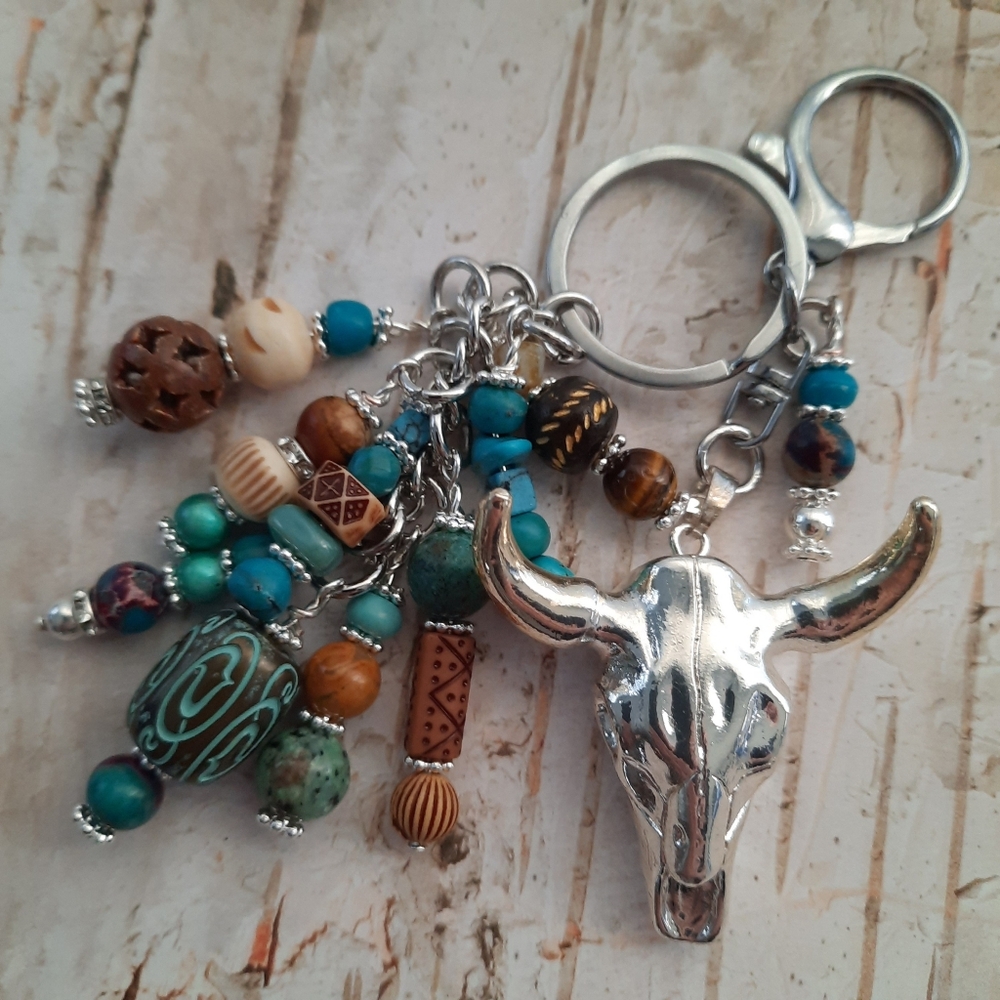 Southwest Cowgirl Purse Charm or Keychain Steer Skull Jasper Handcrafted